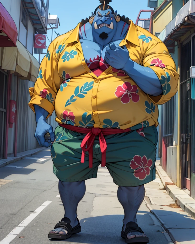 chubby man (jinbei) in street, (blue skin, blue skinned), muscular, pectoral, wide pectoral, beach, palm, realistic, 8k, masterpiece, (wearing shorts and yellow Hawaiian shirt (open shirt), shoes)