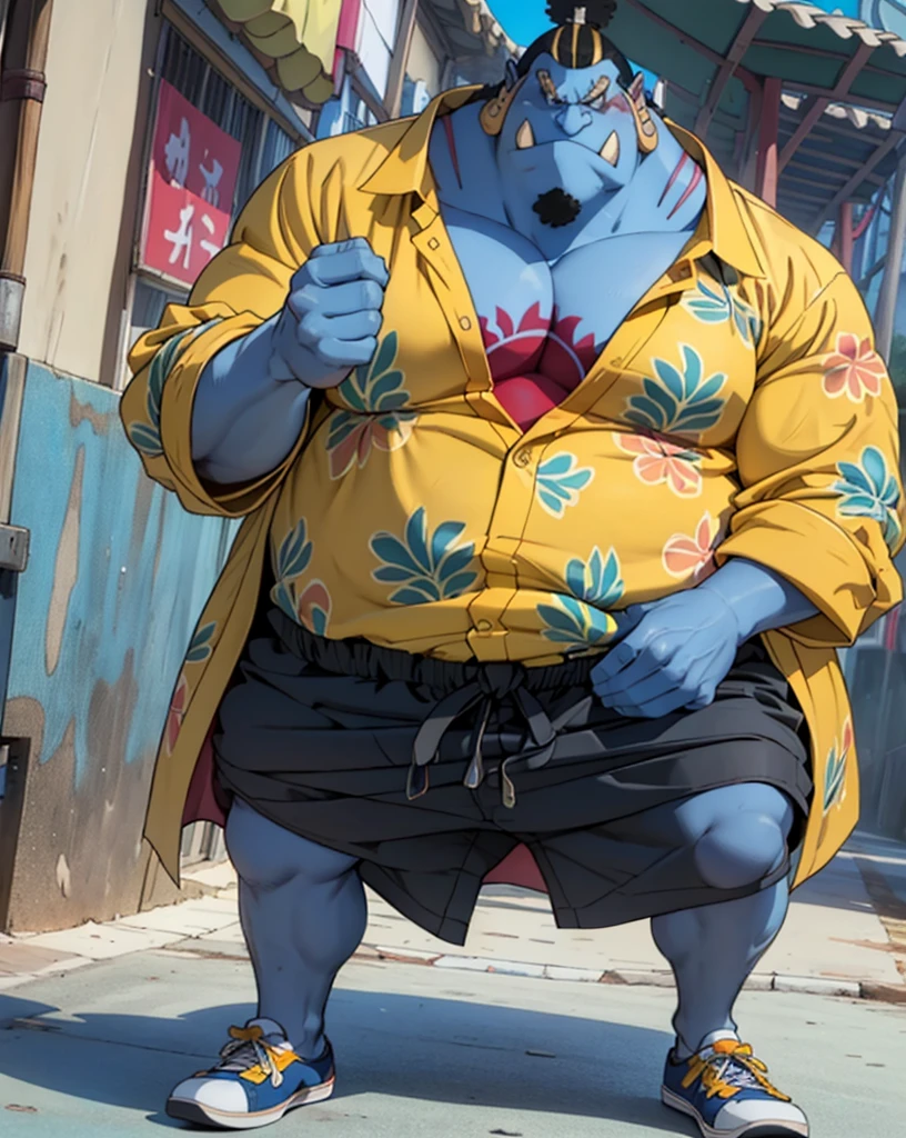 chubby man (jinbei) in street, (blue skin, blue skinned), muscular, pectoral, wide pectoral, beach, palm, realistic, 8k, masterpiece, (wearing shorts and yellow Hawaiian shirt (open shirt), shoes)