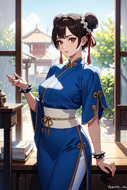 perfect eyes:1.2, detailed eyes:1.4, Chun Li, red eyeshadow:1.2, make up:1.2, white obi, qipao, nature, tree, brown eyes, short hair, brown hair, double bun, bun cover, blue dr.Ess, pelvic curtain, spiked bracelet, white sash, brown pants, cowboy shot, 1 girl, alone, (Masterpiece:1.6, best quality), 8k, crazy detail, intricate detail, hyper detailed, hyper quality, high detail, ultra detailed, professional, HDR, ray traced reflection, cinematic lighting,