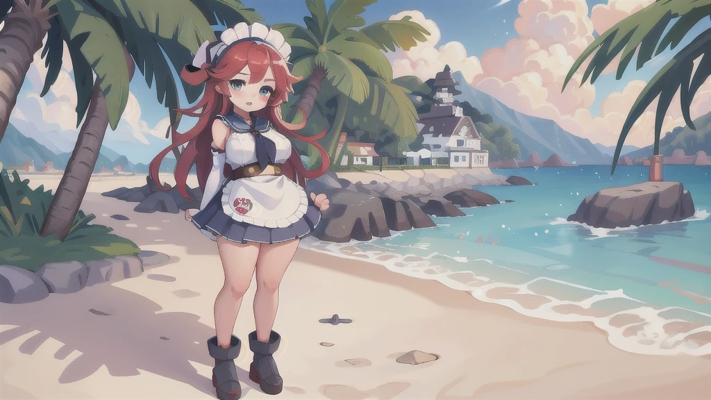 masterpiece, best quality, highres, 1girl, solo, kusuri yakuzen, large breasts, red hair, turquoise eyes, long hair, maid uniform, maid hat, apron, beach, eyewears, glasses, full body, standing, arms behind back,perfect hands, perfect anatomy