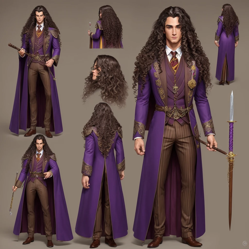 (((highest quality))),masterpiece,1 man,((the perfect person)),((Super beautiful man)),detailed perfect face, handsome tan man, long curly purple hair, and a wood magic wand. eccentric wizard, nice suit, lots of jewelry, character design, full bodyesbian, Full of details, frontal body view, back body view, Highly detailed, Depth, Many parts, harry potter