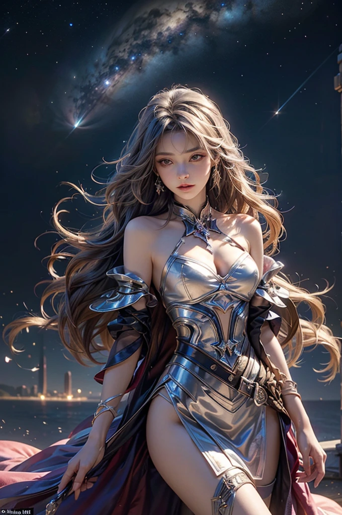 (masterpiece:1.5, Highest quality, Very detailed、 Dutch Angle、Realistic、Fantasy)(One girl, alone)(White and beautiful hair:1.4,,Straight Long Hair)(White based dress, tightedium breasts、Beautiful cleavage))((from diagonally forward))(Beautiful starry sky、Mystical Night、Particles of light float around the woman、Fantasyな空間)Kiana Kaslana
