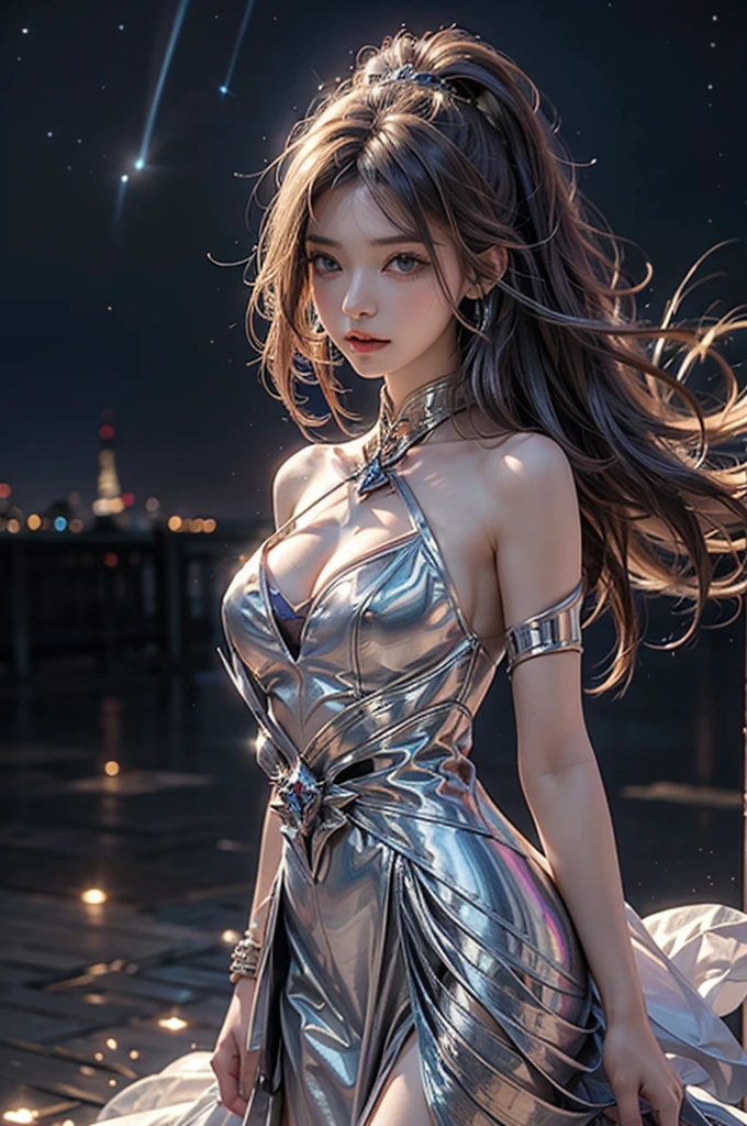 (masterpiece:1.5, Highest quality, Very detailed、 Dutch Angle、Realistic、Fantasy)(One girl, alone)(White and beautiful hair:1.4,,Straight Long Hair)(White based dress, tightedium breasts、Beautiful cleavage))((from diagonally forward))(Beautiful starry sky、Mystical Night、Particles of light float around the woman、Fantasyな空間)Kiana Kaslana
