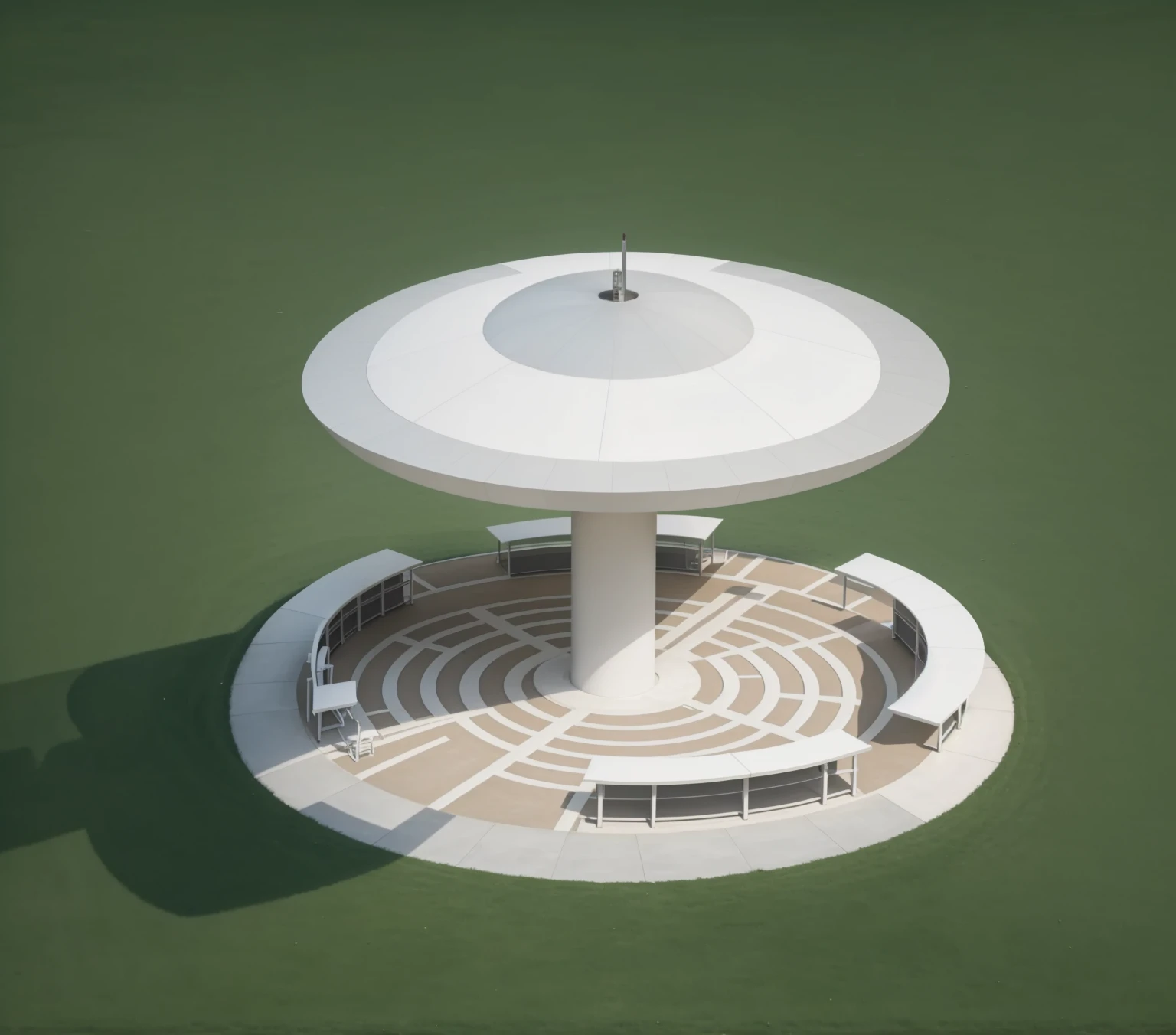 Overlooking,Park Pavilion,There are park seats inside,Modern architectural design,The sun is on the right side of the picture, White and metallic, Practical, photoPractical, Futuristic, 8K, masterpiece, best quality, high resolution, Very detailed,,metallic feel,Real material,Ultra-detailed scenes,4K,real picture