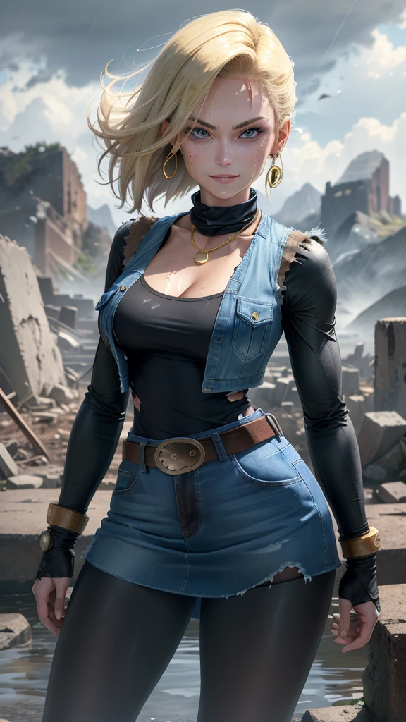 best qualityer, high resolution, E18, 1 girl, Android 18, standing alone, hair blonde, blue colored eyes, waist belt, tight blue denim skirt, gold_necklase, closed fists, black jersey, shorth hair, long sleeves, aretes, open vest, Jeans dress, medium breasts, cowboy shot, mountainscape, ever forward, (climate: raining and wind), wet badass clothing, fierce smile, Combat posture, full length pantyhose, Battle ruins, Broad Hips, legs thick, body soaking wet, floating, torn open, badass clothing,