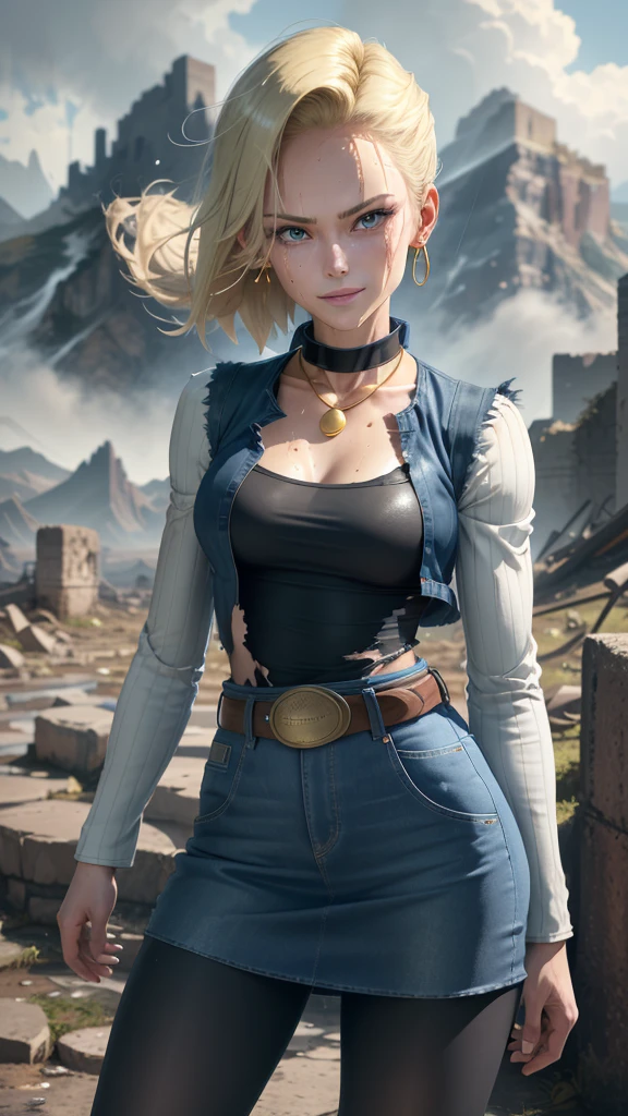 best qualityer, high resolution, E18, 1 girl, Android 18, standing alone, hair blonde, blue colored eyes, waist belt, tight blue denim skirt, gold_necklase, closed fists, black jersey, shorth hair, long sleeves, aretes, open vest, Jeans dress, medium breasts, cowboy shot, mountainscape, ever forward, (climate: raining and wind), wet badass clothing, fierce smile, Combat posture, full length pantyhose, Battle ruins, Broad Hips, legs thick, body soaking wet, floating, torn open, badass clothing,