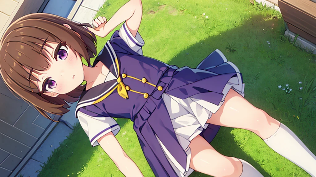 (High quality), (masterpiece), (very detailed), girl, (very small bust), short brown hair, purple eyes, shy face, (li), showing her thighs, on the school yard, sunny, camera angle from below, adorable eyes, (primar school uniform)