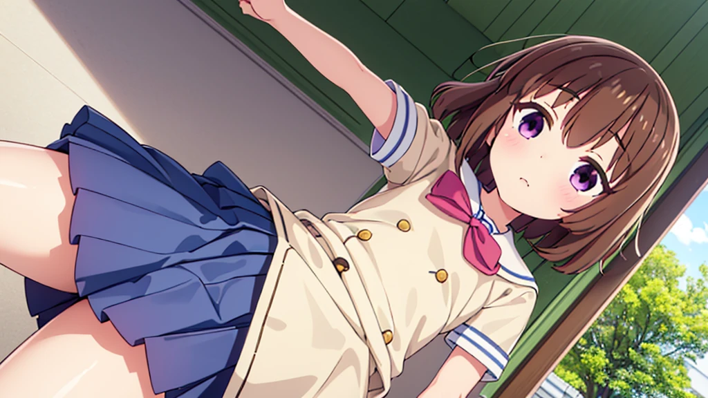 (High quality), (masterpiece), (very detailed), girl, (very small bust), short brown hair, purple eyes, shy face, (primary school ****), showing her thighs, on the school yard, sunny, camera angle from below, adorable eyes, (primar school uniform)