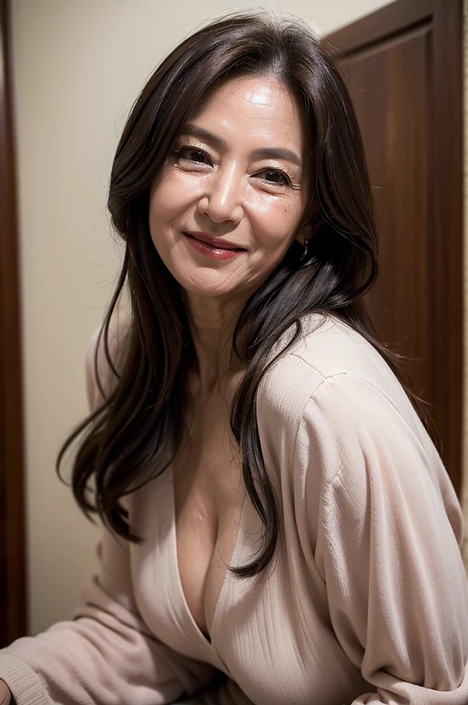 (masterpiece:1.4),(69-year-old woman:1.5),(facial wrinkles 1.2),seductive smile, ecstatic expression, long hair, Motherhood Mature Woman