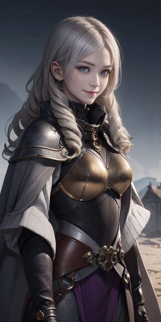 (female chest covered)(smile)Gray skin, pale golden hair and violet eyes. They prefer clothing of white and silver with cloaks of deep blue or purple, village background, huge_knockers ((very precise detailed)) ((highres)