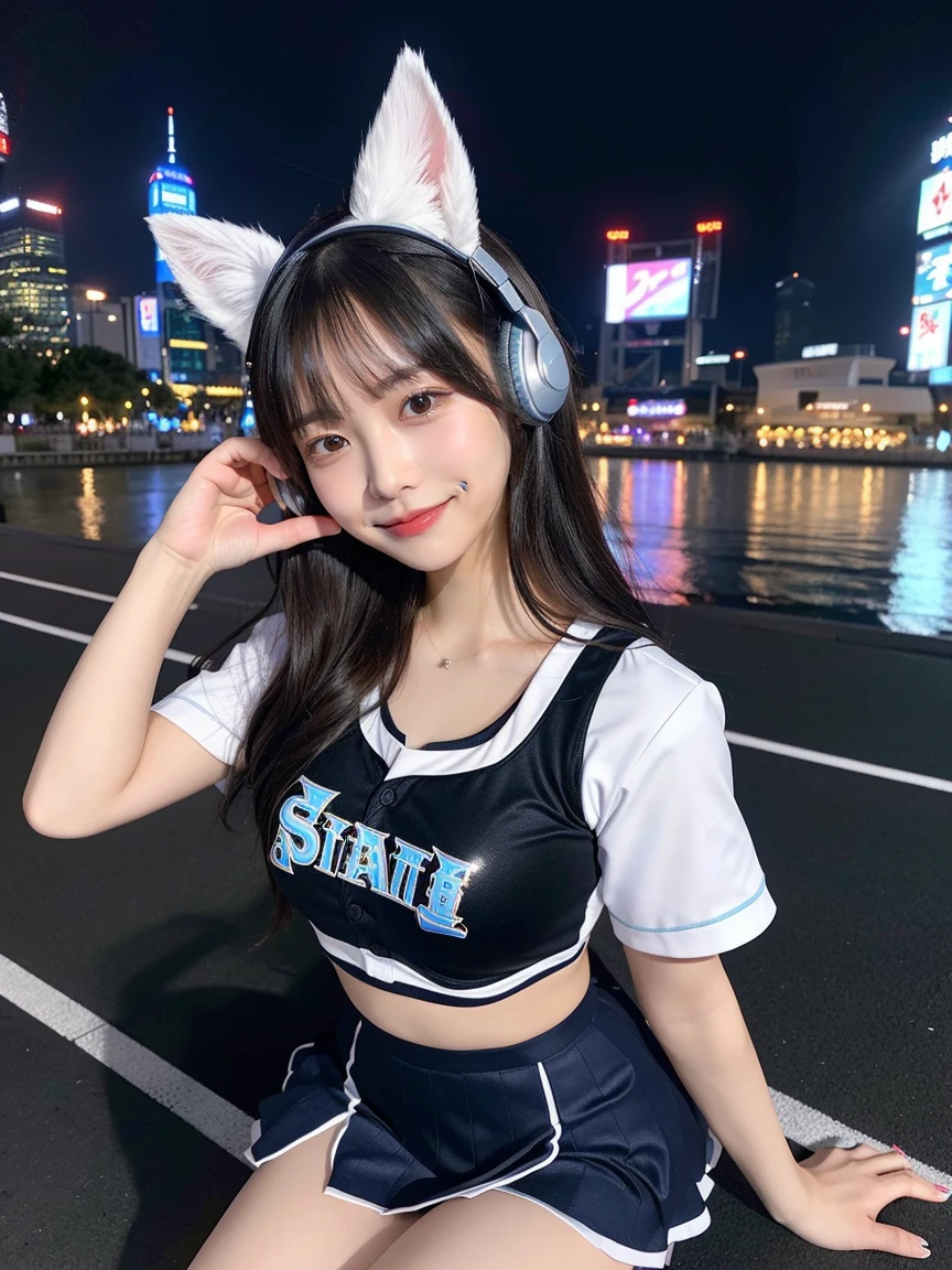 Full body photo、whole、最high quality, masterpiece, 32k、Very detailed、Realistic、1 Girl, Japanese women、Cute face, (photo Actual:1.3), Edge lighting, (Skin with attention to detail:1.2), 8K超High resolution, Single-lens reflex camera, high quality, High resolution, 4K, 8K, Optimal ratio of four fingers to one thumb, (Actual:1., smile、自然なsmile、Baseball Cheerleader Costumes(black、Light blue line design、Japanese professional baseball cheerleaders)、Cat ear headphones(ピンク色のネオンCat ear headphones)、cute 1 Girl, Realistic、Super Realistic、32k、Very detailed、masterpiece, 最high quality, beautiful girl, beauty、 Mecha, Beautiful lighting, Sitting,Cyber Neon、Future City、Skyscraper、City Night、Shanghai、Metropolis、Night view、綺麗なNight view