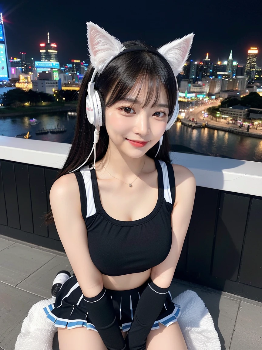 Full body photo、whole、最high quality, masterpiece, 32k、Very detailed、Realistic、1 Girl, Japanese women、Cute face, (photo Actual:1.3), Edge lighting, (Skin with attention to detail:1.2), 8K超High resolution, Single-lens reflex camera, high quality, High resolution, 4K, 8K, Optimal ratio of four fingers to one thumb, (Actual:1., smile、自然なsmile、Baseball Cheerleader Costumes(black、Light blue line design、Japanese professional baseball cheerleaders)、Cat ear headphones(ピンク色のネオンCat ear headphones)、cute 1 Girl, Realistic、Super Realistic、32k、Very detailed、masterpiece, 最high quality, beautiful girl, beauty、 Mecha, Beautiful lighting, Sitting,Cyber Neon、Future City、Skyscraper、City Night、Shanghai、Metropolis、Night view、綺麗なNight view