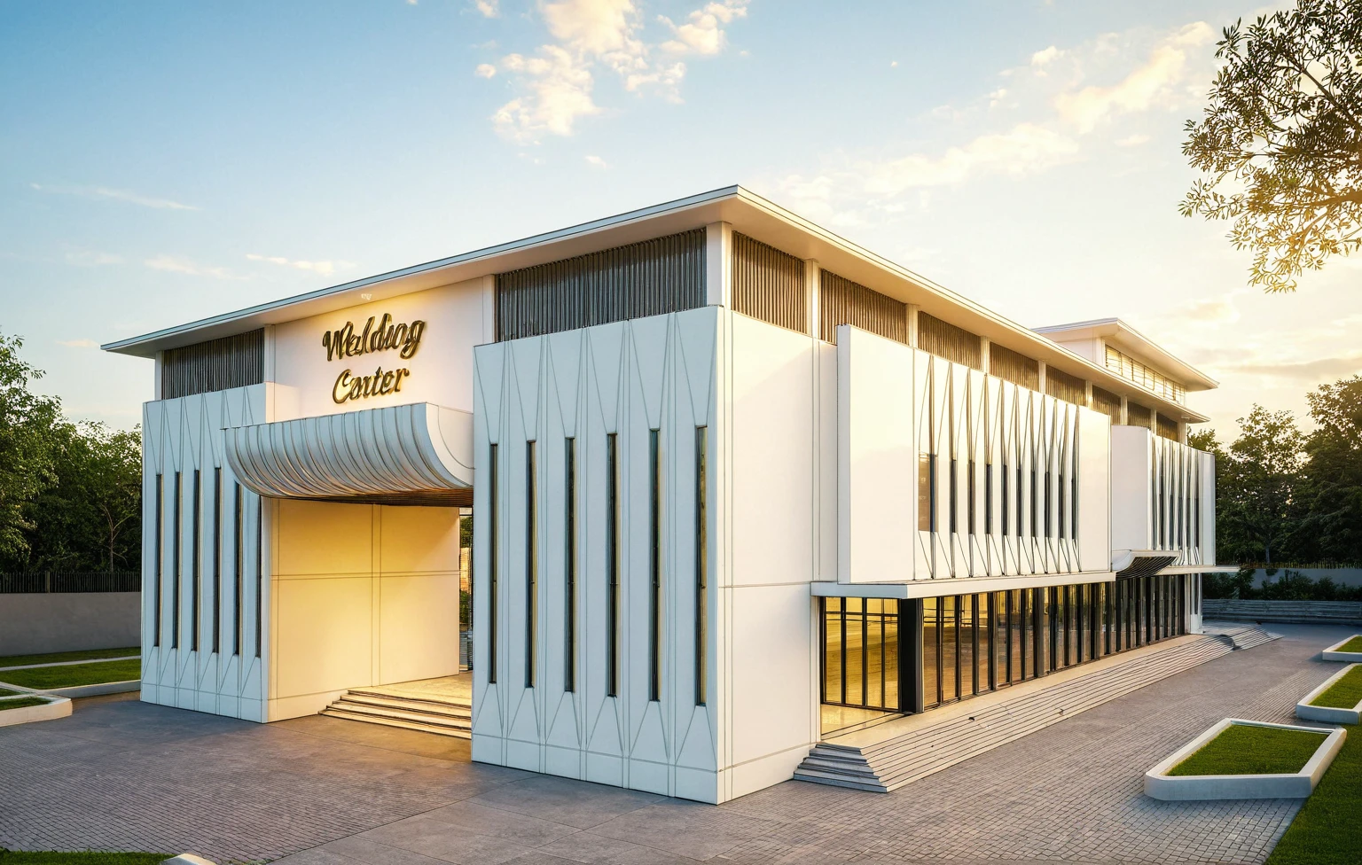 Masterpiece, high quality, best quality, authentic, super detail, outdoors, house style neoclassic, wedding center, white wall, glass windows, gate road, pavement, grass, trees, blue sky, sunset, cloud, (day:1.1), realistic lighting