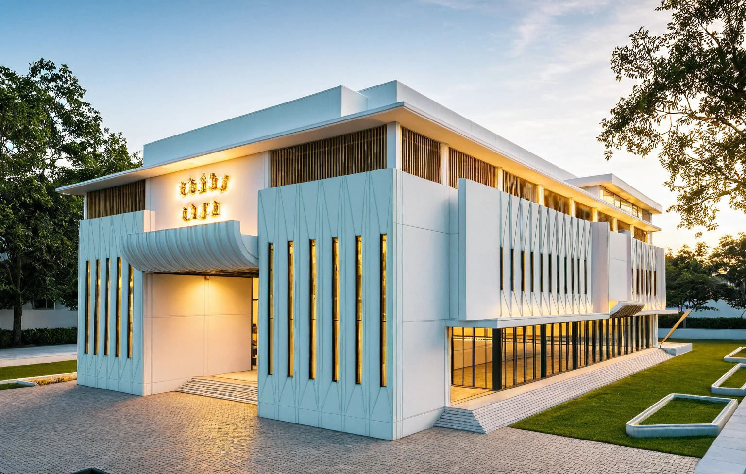 Masterpiece, high quality, best quality, authentic, super detail, outdoors, house style neoclassic, wedding center, white wall, glass windows, gate road, pavement, grass, trees, blue sky, sunset, cloud, (day:1.1), realistic lighting