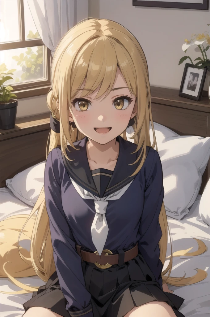 (masterpiece), (Highest quality), (Super detailed), ((Very delicate and beautiful)), One girl, 独奏, Satsuki, Blonde, Cowboy Shot, Black Sailor Suit, White neckerchief, Crescent Pin, (very long hair), smile, Flat Chest, belt, Black Skirt, Open your mouth, Sitting, on bed,  indoors, Detailed iris, young, 