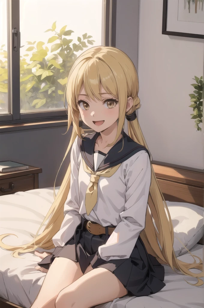 (masterpiece), (Highest quality), (Super detailed), ((Very delicate and beautiful)), One girl, 独奏, Satsuki, Blonde, Cowboy Shot, Black Sailor Suit, White neckerchief, Crescent Pin, (very long hair), smile, Flat Chest, belt, Black Skirt, Open your mouth, Sitting, on bed,  indoors, Detailed iris, young, 