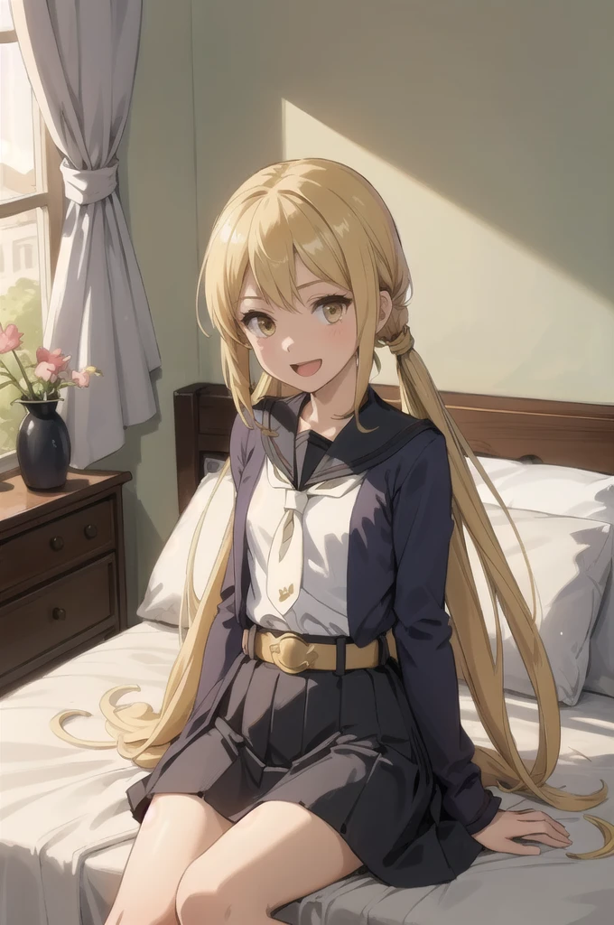 (masterpiece), (Highest quality), (Super detailed), ((Very delicate and beautiful)), One girl, 独奏, Satsuki, Blonde, Cowboy Shot, Black Sailor Suit, White neckerchief, Crescent Pin, (very long hair), smile, Flat Chest, belt, Black Skirt, Open your mouth, Sitting, on bed,  indoors, Detailed iris, young, 