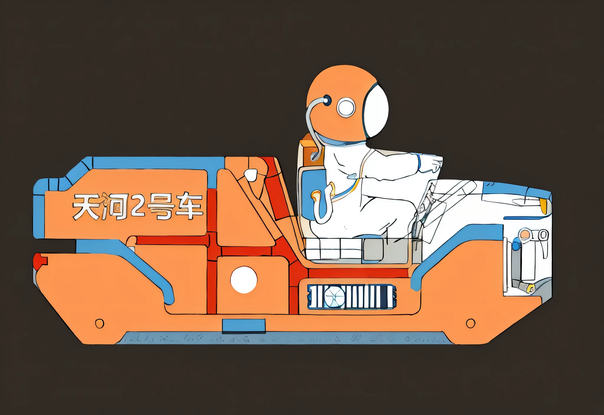 Space car,astronaut,Color patch fill,White background,Wireframe Bold,Vibrant colors