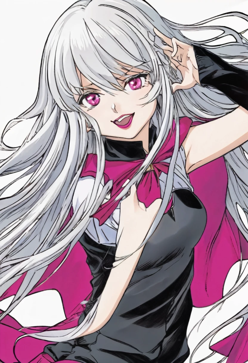 Boku no hero manga panel: girl with long white hair and pink eyes wearing red lipstick dressed as love heroine manipulated love energy in hero pose.
