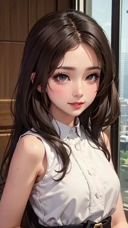 blush a little and smile, (Top quality masterpiece:1.2) Delicate illustrations, Very detailed, /Beautiful Japanese Women、1 person,Very cute and slim、Great style 、((8K images、super high quality))、Very delicate face, Skin and Hair、beautifule forehead、Red lipstick、(((((Mid-length hair、Brown Hair、lure))))),Very cute Japanese cut face、Eyes and nose are clearly visible、Kind eyes,((((Sleeveless fashion))))