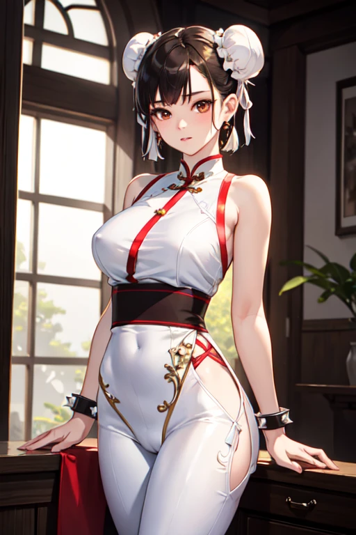 perfect eyes:1.2, detailed eyes:1.4, Chun Li, red eyeshadow:1.2, make up:1.2, white obi, qipao, nature, tree, brown eyes, short hair, brown hair, double bun, bun cover, blue dr.Ess, pelvic curtain, spiked bracelet, white sash, brown pants, cowboy shot, 1 girl, alone, (Masterpiece:1.6, best quality), 8k, crazy detail, intricate detail, hyper detailed, hyper quality, high detail, ultra detailed, professional, HDR, ray traced reflection, cinematic lighting,