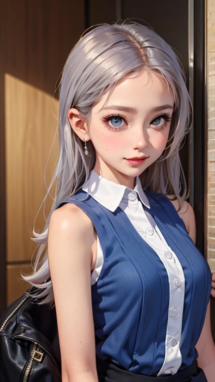 blush a little and smile, (Top quality masterpiece:1.2) Delicate illustrations, Very detailed, /Beautiful Japanese Women、1 person,Very cute and slim、Great style 、((8K images、super high quality))、Very delicate face, Skin and Hair、beautifule forehead、Red lipstick、(((((Mid-length hair、Silver Hair、lure))))),Very cute Japanese cut face、Eyes and nose are clearly visible、Kind eyes,((((Sleeveless fashion))))