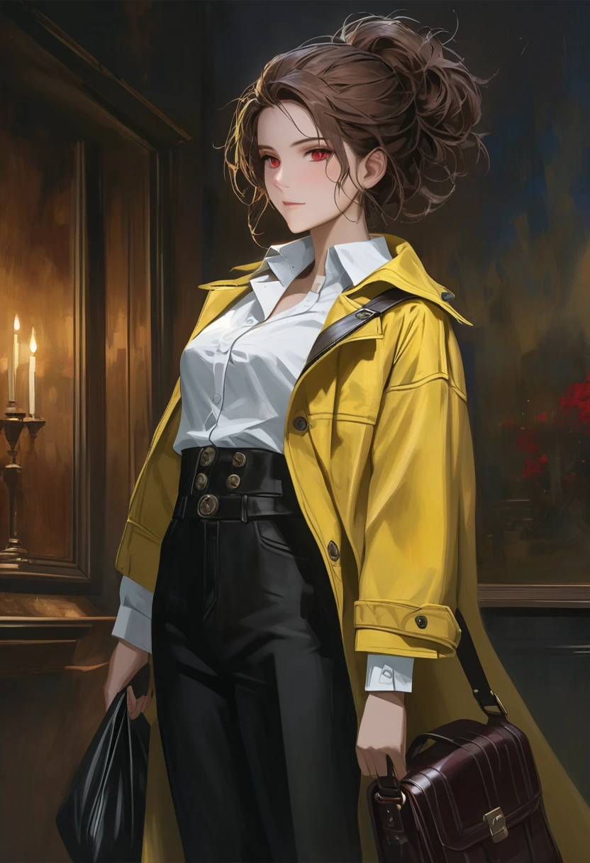 ((adult)), (woman), ((tall)), masterpiece, best quality, dark aura, brown hair, ((updo hair)), (messy hair) , ringed dark red eyes, plain white shirt, Yellow coat, black pants, carrying a big waist leather bag, (faint smile), realistic anime style, (oil painting), dark old manor background, night, impasto.