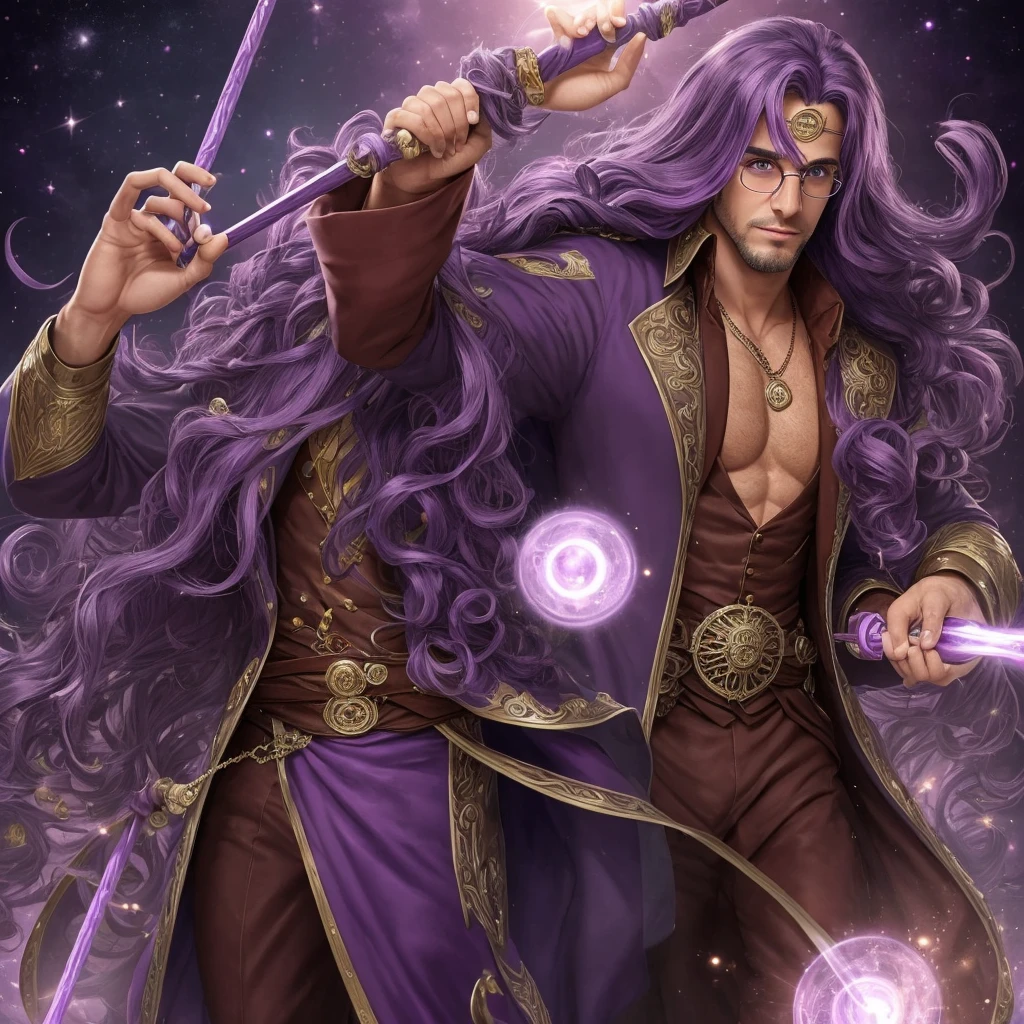 (((highest quality))),masterpiece,1 man,((the perfect person)),((Super beautiful man)),detailed perfect face, handsome tan man, long curly purple hair, and a wood magic wand. purple hair color, violet hair color, pink circle glasses, pink glasses, eccentric wizard, nice suit, lots of jewelry, character design, full bodyesbian, Full of details, frontal body view, back body view, Highly detailed, Depth, Many parts, harry potter