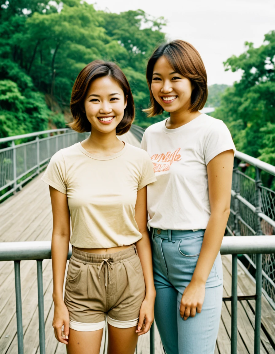 a asian woman and a asian girl standing on a bridgesmile,shirt,outdoors,brown hair,realistic,grin,short hair,looking at viewer,pants,,,photography, film grain, .