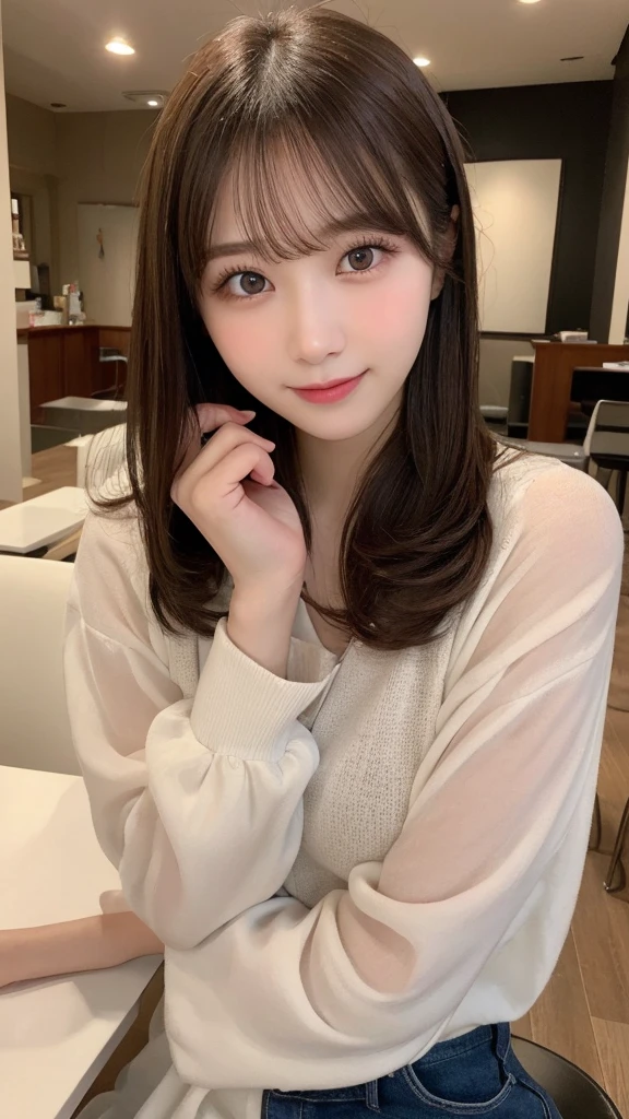 Tabletop, Highest quality, shape, Very detailed, finely, High resolution, 16K, Perfect dynamic composition, Straight hair, Medium Hair, Brown Hair,Natural color lip, smile, 20歳のgirl、cute、beautiful、完璧でbeautiful顔, beautiful and detailed face, Slim face and body, Elegant face, KPOP idol faces、Japanese idol faces、Small face、Big eyes, Brown eyes, Droopy eyes, 緻密でbeautiful目, girl, Front face, Upper Body, Random outfit