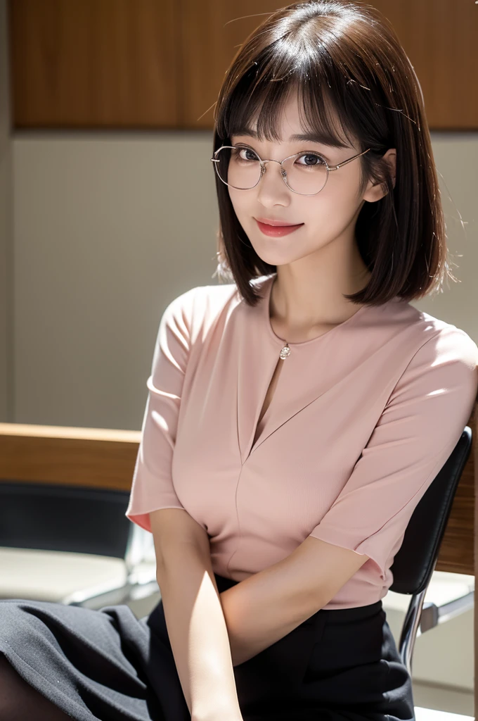 University lecture hall, university psychology associate professor, ((full body)), ((photo)), ((best qualtiy, 8K, tmasterpiece:1.3)), Focus:1.2, perfect figure beautiful woman:1.4, 1woman, cowboy shot, look at viewer, eyes facing the camera, incredibly absurd, beautiful and cute woman with a photorealistic face, showcasing top-quality craftsmanship, A Japanese woman giving a lecture at a university lecture hall, 27 years old, with a bob cut and flipped hair, short bangs swept at an angle, smooth and shiny hair, natural hairline, fair and smooth skin, plump and healthy cheeks, large, jet black eyes, round eyes, long and upward-facing eyelashes, double eyelids, thin and straight eyebrows, small and round nose, plump lips, upturned corners of the mouth, charming smile, cute face, glamorous, well-balanced proportions, tall, beautiful D-cup breasts, silver-rimmed glasses, pink blouse, black tight skirt, fashion with a waist-marked silhouette, scarf, heeled shoes, vanilla perfume, beautiful, pretty older woman, glasses suit her, knowledgeable, playful, curious, intelligent, elegant, November