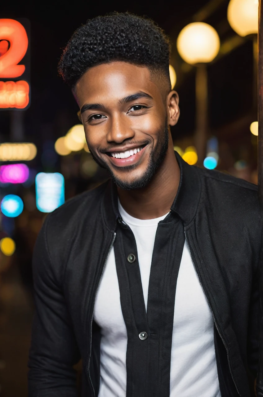 Black 25 yrs old male, handsome, night life smiling