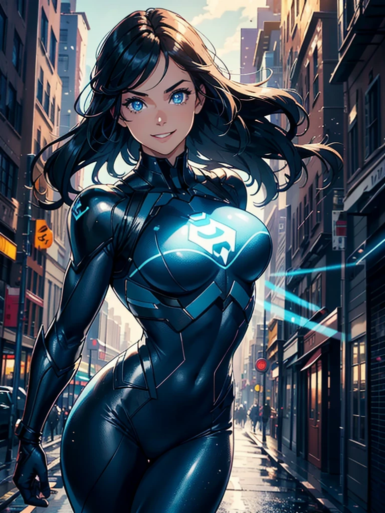 16K, HDR,UHD, RTX, ray tracing, chiaroscuro, best quality, masterpiece, ethereal, perfect illustration, digital artwork, trending on artstation, jaw-dropping perfection, ultra realistic, textured amazing lighting effects, perfect shadows, WLOP, 1girl, beautiful mature edgy woman in a cool long jacket and black pants, superhero suit, stomach covered by clothing, shoulder-length hair, shoulder-length hair, wavy hair, black hair, highly detailed glowing blue eyes, glowing eyes, blue eyes, beautiful glowy blue eyes, detailed eyes, beautiful face, perfect anatomy, broad shoulders, strong upper-body, modern city, city, beautiful weather, stunning sunshine, sunny, daylight, sunlight, modern, nature, daytime, superhero, uplifting, heroic, heroic pose, smiling, smiling at camera, athletic, hands near hips, glowy eyes, daytime, black and blue superhero suit, metal shoulder-pads, summertime, radiant sunlight, beautiful cityscape, hair blowing in wind, manly shoulders, big smile, wide smile, happy eyes, joyful, smiling with teeth, very tall, wide shoulders, tall