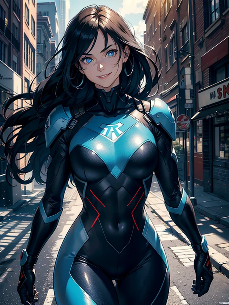 16K, HDR,UHD, RTX, ray tracing, chiaroscuro, best quality, masterpiece, ethereal, perfect illustration, digital artwork, trending on artstation, jaw-dropping perfection, ultra realistic, textured amazing lighting effects, perfect shadows, WLOP, 1girl, beautiful mature edgy woman in a cool long jacket and black pants, superhero suit, stomach covered by clothing, shoulder-length hair, shoulder-length hair, wavy hair, black hair, highly detailed glowing blue eyes, glowing eyes, blue eyes, beautiful glowy blue eyes, detailed eyes, beautiful face, perfect anatomy, broad shoulders, strong upper-body, modern city, city, beautiful weather, stunning sunshine, sunny, daylight, sunlight, modern, nature, daytime, superhero, uplifting, heroic, heroic pose, smiling, smiling at camera, athletic, hands near hips, glowy eyes, daytime, black and blue superhero suit, metal shoulder-pads, summertime, radiant sunlight, beautiful cityscape, hair blowing in wind, manly shoulders, big smile, wide smile, happy eyes, joyful, smiling with teeth, very tall, wide shoulders, tall
