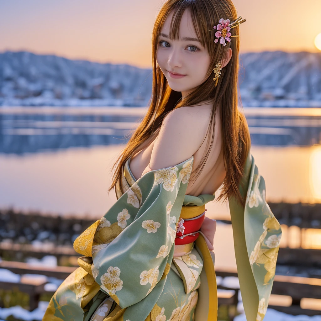 asuna, Masterpiece, Best Quality, detailed, (1 girl), Alone, detailed golden eyes, wide, standing, close to the viewer, (detailed kimono), light smile, medium breasts,  (arms behind the back), water, sunset, (hair ornament), (sakura bloom),  snowy mountain lake in the background