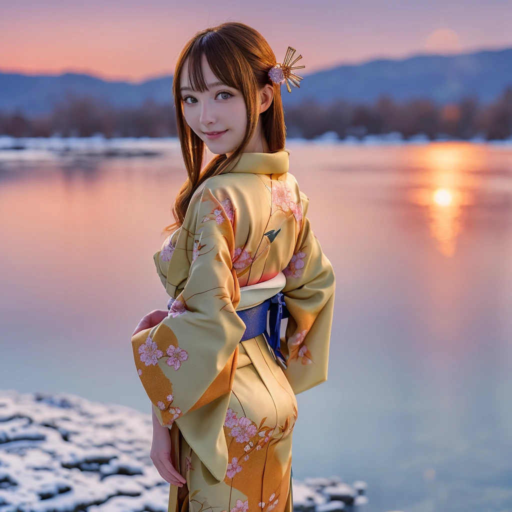 asuna, Masterpiece, Best Quality, detailed, (1 girl), Alone, detailed golden eyes, wide, standing, close to the viewer, (detailed kimono), light smile, medium breasts,  (arms behind the back), water, sunset, (hair ornament), (sakura bloom),  snowy mountain lake in the background