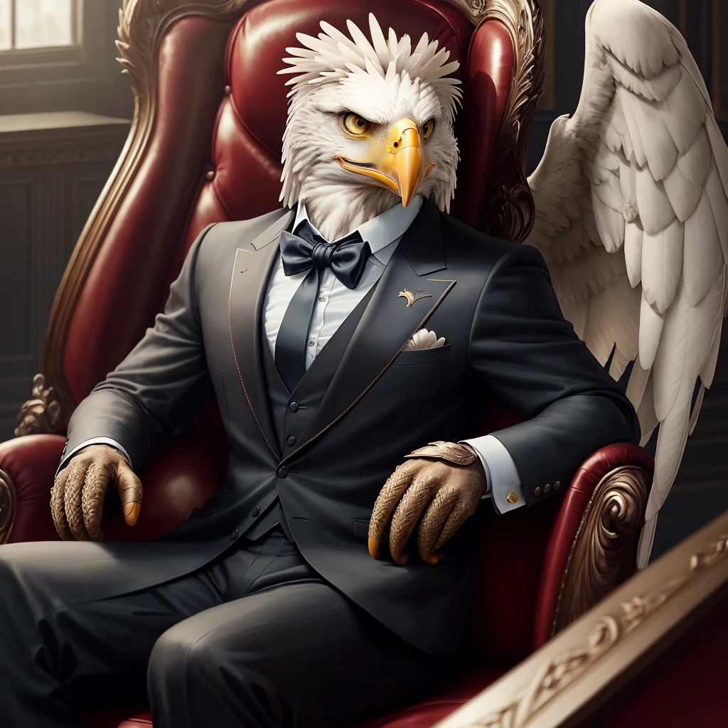 Anthropomorphic eagle wearing a suit,Like a company president,Sitting in a big leather chair,Baroque, YouTube video screenshot, The bird is wearing a bow tie, Real-life stills, Live action scenes, Threatening gaze, gentleman