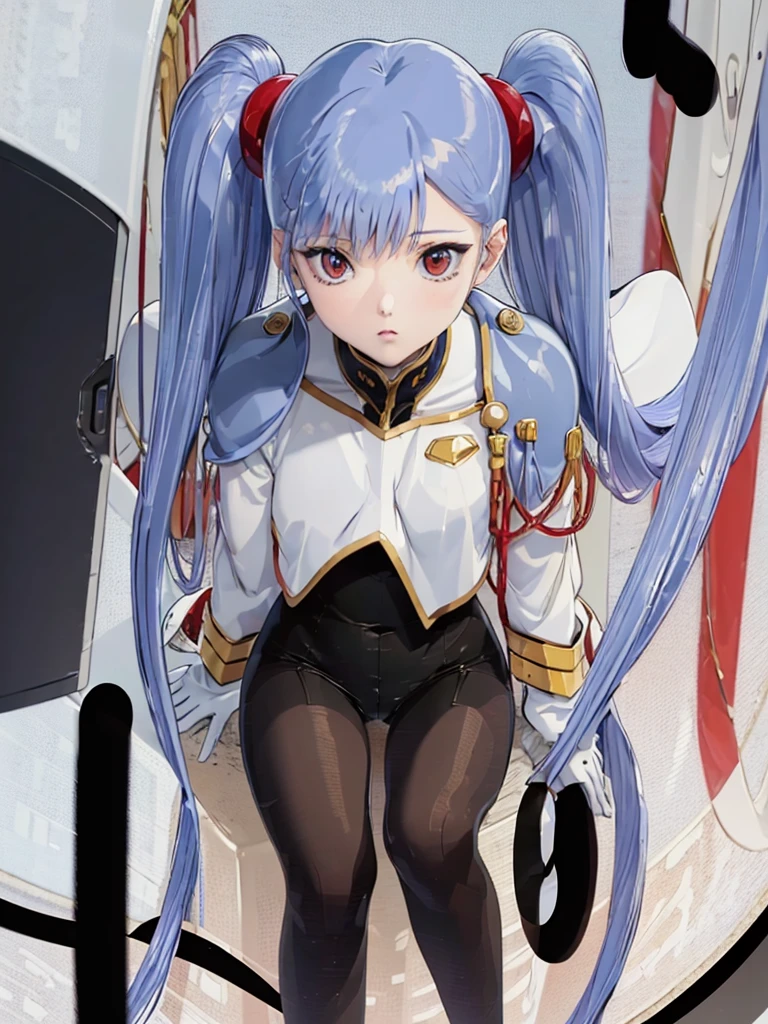 18-year-old girl, Exposed skin,Split underwear.Blanche.Nipples, black tights , Red eyes,Long twin tails, Light blue hair, Beautiful Face, Spaceship, Dynamic pose, commander,  Perfect Anatomy,pants,Low angle,Sitting pose ,M-shaped leg pose, Emphasis on the groin.