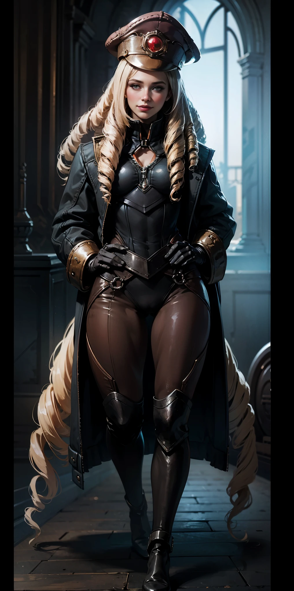 (4k, ultra high resolution, Prominence in Masterpiece, High Quality, Best Quality: 1.2) full body, 1 female, solo, 1girl, 1woman, lustful smirking smile blush, looking at viewer, sitting, blonde hair, long hair, (black jacket), beautiful and detailed face, detailed eyes, looking at the viewer (grey theme) close jacket (aesthetic clothing) hands on hips, wide hips, blonde long hair, blonde drill hair, blonde twin drills hair, blue wizard hat, Handcuffs on their hands, With a collar around the neck