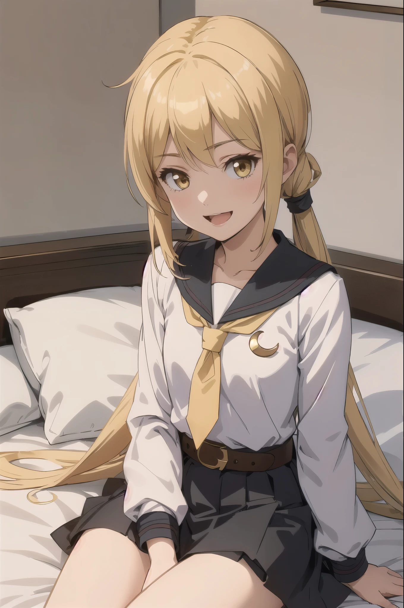 (masterpiece), (Highest quality), (Super detailed), ((Very delicate and beautiful)), One girl, 独奏, Satsuki, Blonde, Cowboy Shot, Black Sailor Suit, White neckerchief, Crescent Pin, (very long hair), smile, Flat Chest, belt, Black Skirt, Open your mouth, Sitting, on bed,  indoors, Detailed iris, young, 