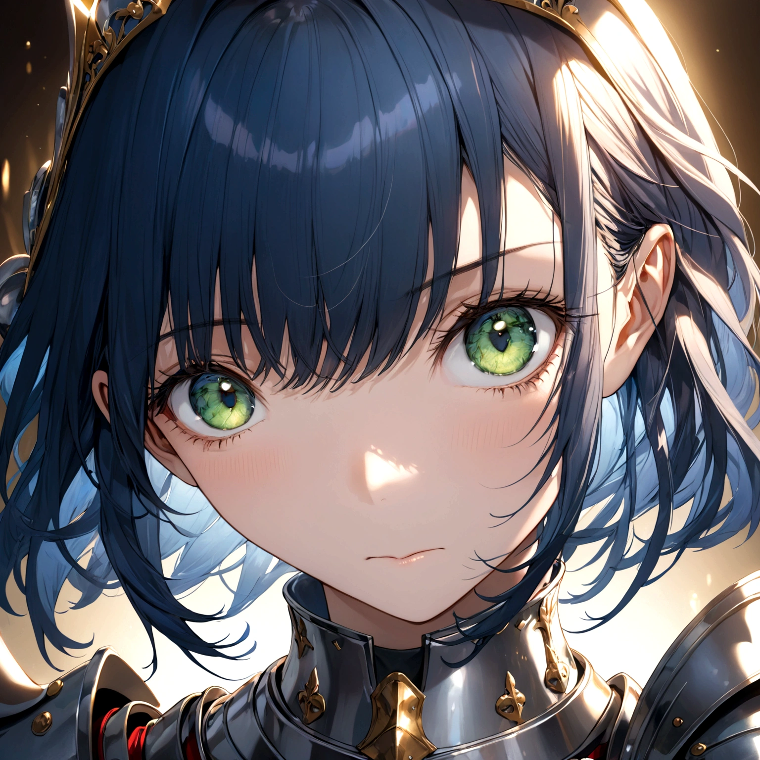 ((masterpiece:1.2, best quality)), (close-up:1.2), (head-shot:1.36), (from front, facing front:1.2), ultra detailed, Ultra-precise depiction, Ultra-detailed depiction, dramatic lighting, 1girl, solo, mature girl, blue hair, shiny green eyes, flat expression, knight armor