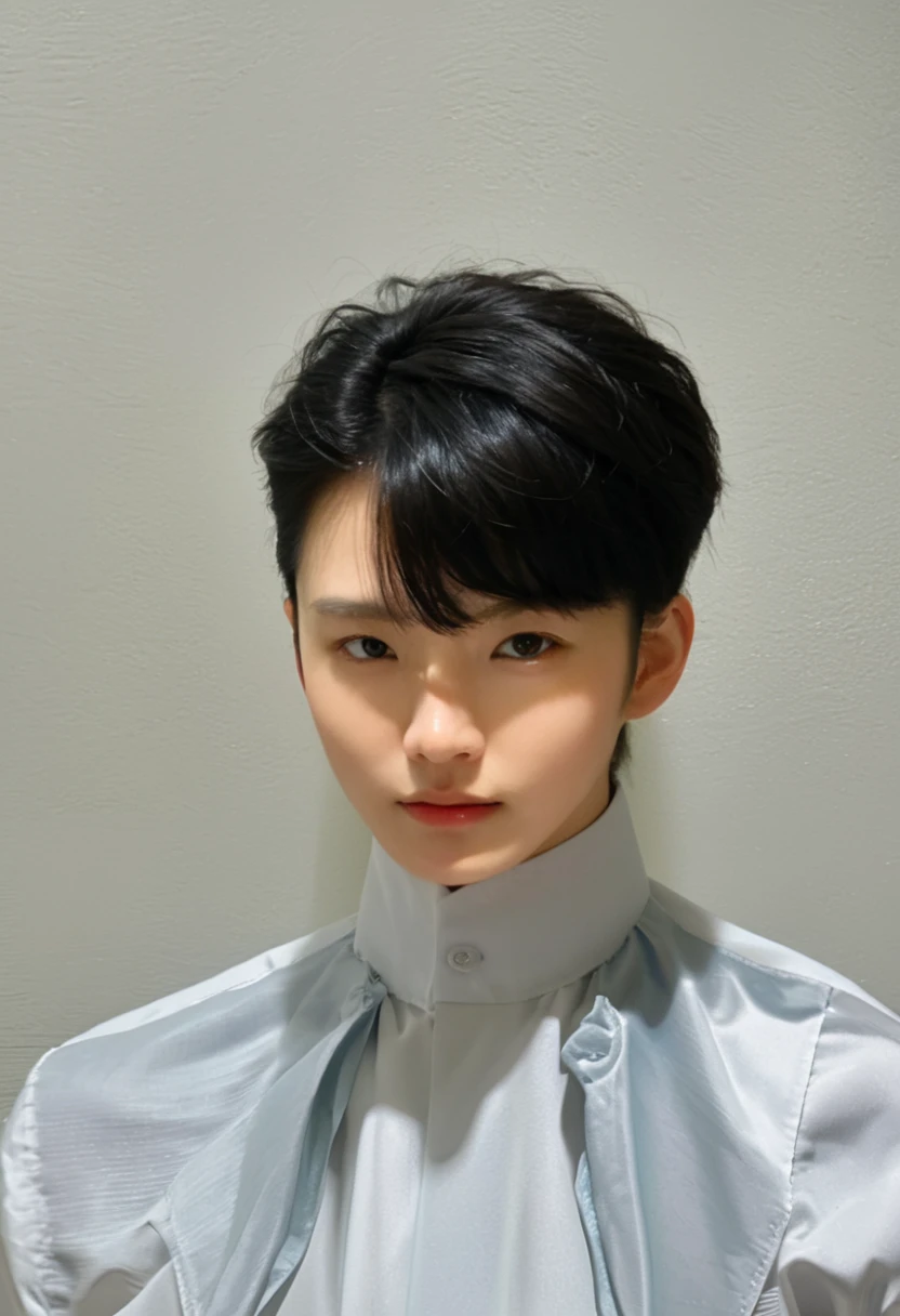 Best Quality, 8k, Masterpiece, (Portrait: 1.3), (photo realistic:1.4), (hyper realistic:1.4), Sharp Focus, looking at viewer, (smoother lighting:1.1), (increase cinematic lighting quality:0.9), realistic lighting, backlighting, light on face, ray trace, (brightening light:1.2), (Increase quality:1.4), sharp detail, (best quality real texture skin:1.4), finely detailed eyes, black_eyes, finely detailed face, 25 year old Korean woman, (white formal_shirt:1.4), (Create an image maintaining the original base model hairstyle:1.5)