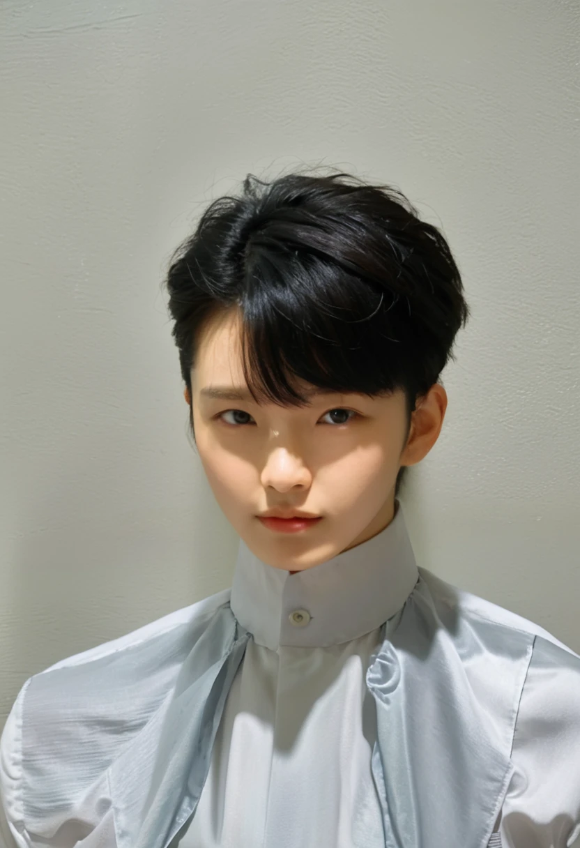 Best Quality, 8k, Masterpiece, (Portrait: 1.3), (photo realistic:1.4), (hyper realistic:1.4), Sharp Focus, looking at viewer, (smoother lighting:1.1), (increase cinematic lighting quality:0.9), realistic lighting, backlighting, light on face, ray trace, (brightening light:1.2), (Increase quality:1.4), sharp detail, (best quality real texture skin:1.4), finely detailed eyes, black_eyes, finely detailed face, 25 year old Korean woman, (white formal_shirt:1.4), (Create an image maintaining the original base model hairstyle:1.5)