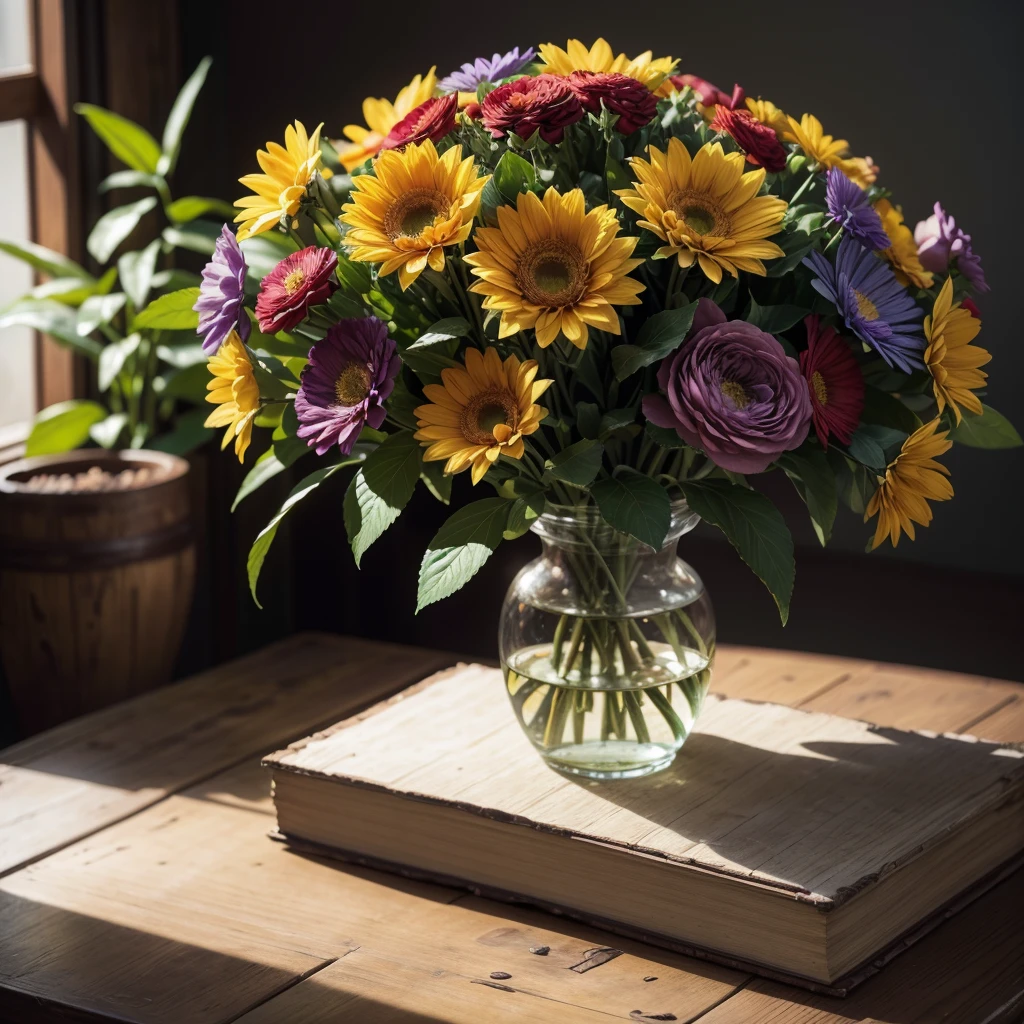 a vase of colorful flowers,a bouquet of vibrant flowers,intricate floral arrangement,detailed flower petals,lush floral composition,oil painting of flowers,impressionist floral still life,beautiful flower blossoms,elegant floral design,hyperrealistic floral artwork,(best quality,4k,8k,highres,masterpiece:1.2),ultra-detailed,(realistic,photorealistic,photo-realistic:1.37),vibrant colors,natural lighting,dramatic shadows,warm color palette,soft focus,cinematic composition