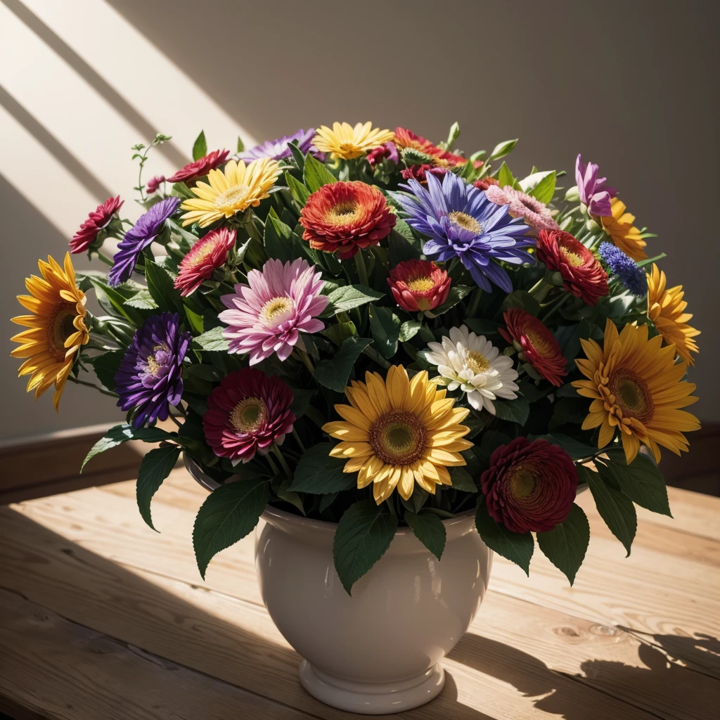 a vase of colorful flowers,a bouquet of vibrant flowers,intricate floral arrangement,detailed flower petals,lush floral composition,oil painting of flowers,impressionist floral still life,beautiful flower blossoms,elegant floral design,hyperrealistic floral artwork,(best quality,4k,8k,highres,masterpiece:1.2),ultra-detailed,(realistic,photorealistic,photo-realistic:1.37),vibrant colors,natural lighting,dramatic shadows,warm color palette,soft focus,cinematic composition