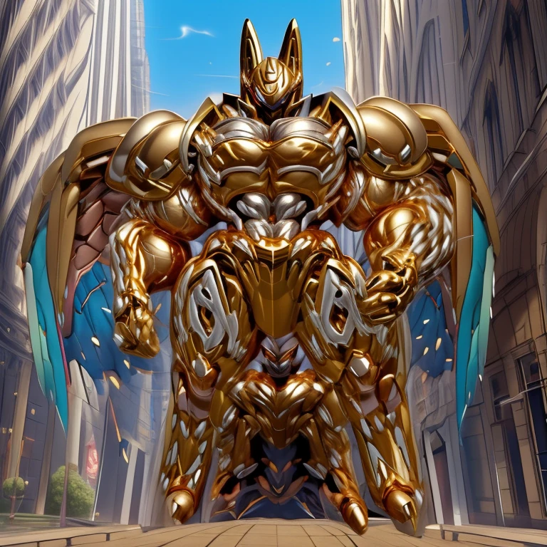 (Solo. masterpiece. official art. 8k. best quality. detailed full body. full body.)
(situation 1 : dominating Shiny_Mega_Lucario. Shiny_Mega_Lucario is over 1000 meters long. focus GIANT mechanical Muscular Shiny_Mega_Lucario is trampling the city. Looking down. macro. stomp. Low-angle perspective. emphasizing the immense size.)
(situation 2 :smoke and flames rising from the destruction in the city)
(Additional details 1: wearing a full-face helmet. golden armor. Armored Flazzard. Armored_Flazzard. high-tech bio-mecha armor. real texture material. whole body shines like metal. Wearing cyberpunk mecha. emphasizes the muscles. suit fully made of metal. intricate armor. Robotic suit. suit fully made of metal. cyborg. He is wearing a golden cloak.). (medieval armor : 0.8)
(Additional details 2: (Detailed head. Detailed Body. Detailed abs. gigantic muscles. HYPER MUSCLES. Gigachad Muscular. big muscle. pecs. triceps. traps. unusually developed muscular body. body full of huge muscles. showing off muscles. pectorales enormes. Exaggeratedly huge muscles. huge muscles. long legs.).
(Additional details 3: Spread wings. It has wings. have big wings. The claws are sharp. Sharp teeth).
(Additional details 4: golden hyper penis. hyper golden penis. big penis) (Hyper Muscles : 1.5)