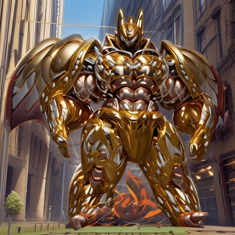 (Solo. masterpiece. official art. 8k. best quality. detailed full body. full body.)
(situation 1 : dominating Shiny_Mega_Lucario. Shiny_Mega_Lucario is over 1000 meters long. focus GIANT mechanical Muscular Shiny_Mega_Lucario is trampling the city. Looking down. macro. stomp. Low-angle perspective. emphasizing the immense size.)

(situation 2 :smoke and flames rising from the destruction in the city)

(Additional details 1: wearing a full-face helmet. golden armor. Armored Flazzard. Armored_Flazzard. high-tech bio-mecha armor. real texture material. whole body shines like metal. Wearing cyberpunk mecha. emphasizes the muscles. suit fully made of metal. intricate armor. Robotic suit. suit fully made of metal. cyborg. He is wearing a golden cloak.).  (medieval armor : 0.8)

(Additional details 2: (Detailed head. Detailed Body. Detailed abs. gigantic muscles. HYPER MUSCLES. Gigachad Muscular. big muscle. pecs. triceps. traps. unusually developed muscular body. body full of huge muscles. showing off muscles. pectorales enormes. Exaggeratedly huge muscles. huge muscles. long legs.).

(Additional details 3: Spread wings. It has wings. have big wings. The claws are sharp. Sharp teeth).

(Additional details 4: golden hyper penis. hyper golden penis. big penis)  (Hyper Muscles : 1.5)