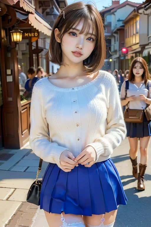 (8K, Highest quality, masterpiece:1.2), (Realistic, photo-Realistic:1.37), Super detailed, One girl, alone, cute, Beautifully detailed skies, (smile:1.2), (Grin), Beautiful attention to detail, Floating Hair,(seifuku:1), stockings, whole body,street,thin