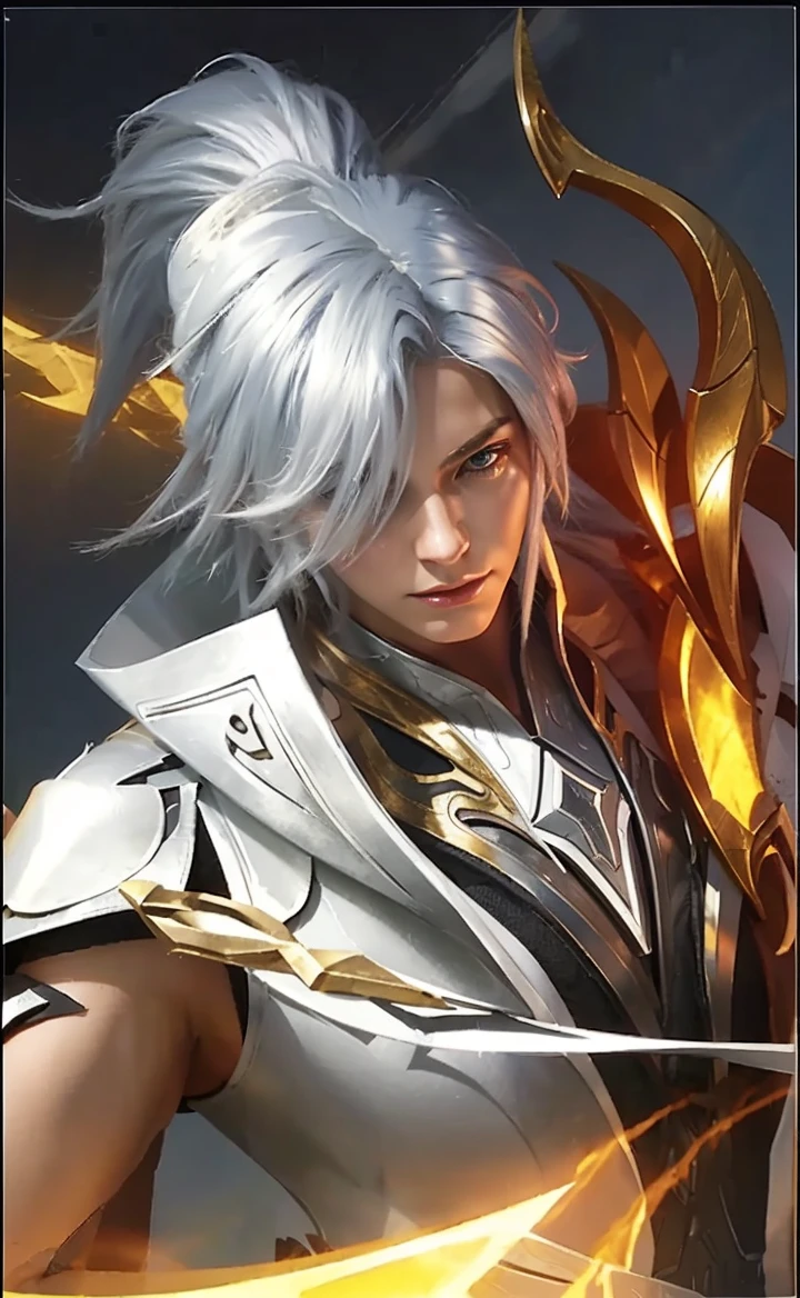 The image is a digital artwork of a character with silver hair, wearing a white and gold armor, holding a sword.