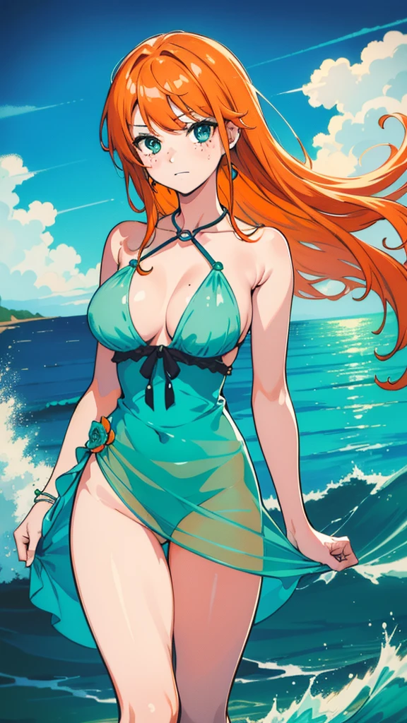 (nsfw), (masterpiece, Highest quality), ((One girl, alone, Long Orange Hair named Ishmael_edge)), Innocent look with a touch of seduction, Bare arms revealing her toned muscles, Bare shoulders adorned with delicate freckles, Bear neck with a delicate chain, watercolor style painting, Sundress made of liquid cloth, the dress swaying with the wave, green-themed with hues of ocean blue, set in the night with a hazy, dark atmosphere, Sharp focus on her face and dress, Ocean as the backdrop, See-through dress shows her toned legs, Orange hair swept back by the wave, dressing like a mermaid